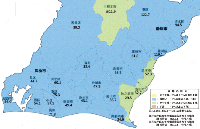 地図：静岡県市町村別地価動向マップ 住宅地