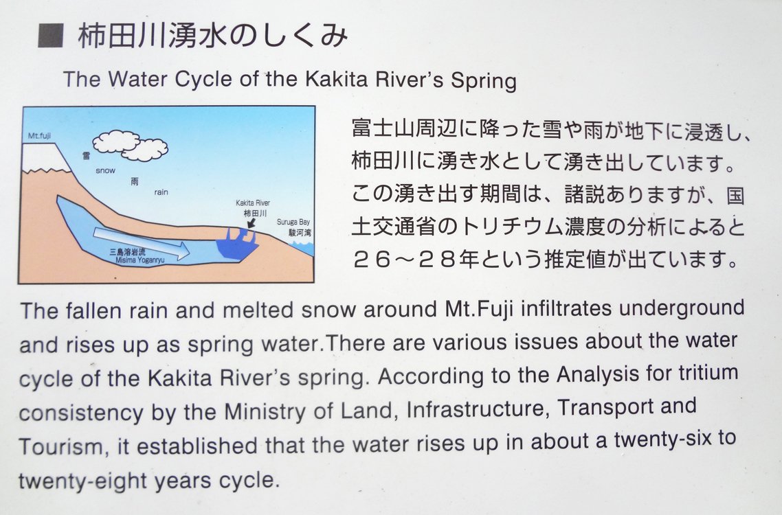 柿田川湧水のしくみ 富士山周辺に降った雪や雨が地下に浸透し湧水になっており、26～28年もの期間湧き出しています。